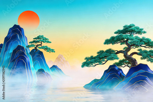 Symmetric Welcome Pine Trees With Blue Mountains And Gradient Red Sky