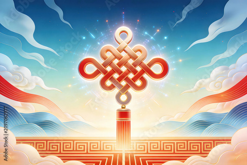 Shiny Chinese Knot With Auspicious Cloud And Mountain Background