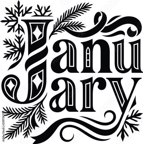 Fotografi A vintage manner artistic calligraphy structure featuring the word january decorated with sophisticated snowflake motifs and festive pine branch patterns