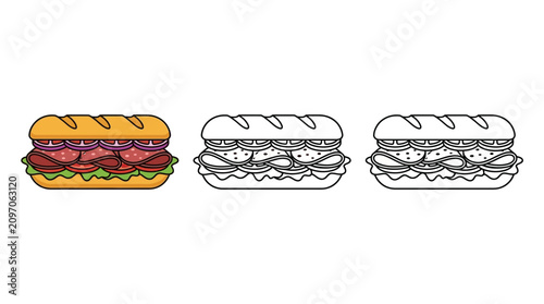 Submarine sandwich vector set with color and outline versions
