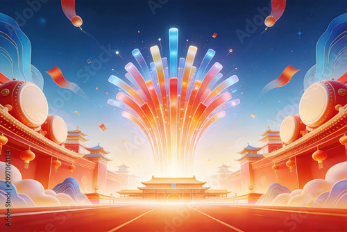 Chinese Palace Road With Colorful Radiant Light Burst And Festive Drums