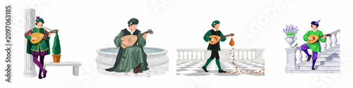 Bild auf Leinwand Collection of illustrations featuring a medieval bard or troubadour playing a lute in elegant historical architectural surroundings