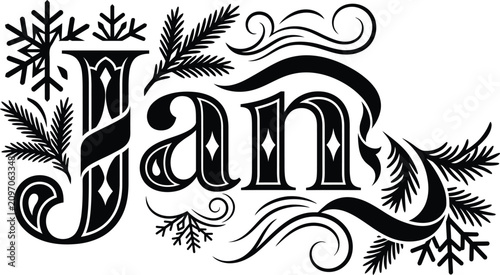 Fotografie A vintage technique black and white sketch of the word jan with snowflakes and pine branch flourishes around