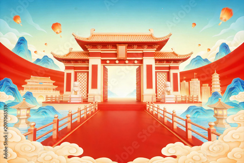 Chinese Paifang Gate Red Carpet Stage With Sky Lanterns And Mountain Clouds