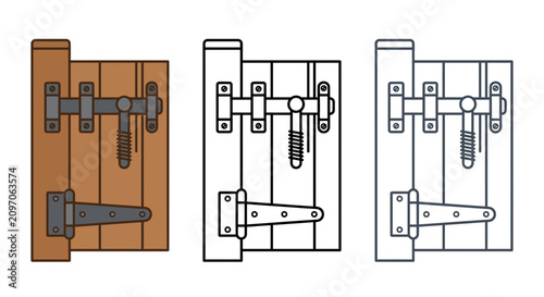 Wooden gate hardware with metal latch and hinge vector set