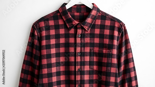 A red and black checkered flannel shirt on a hanger isolated on white background. Casual apparel for autumn fashion.