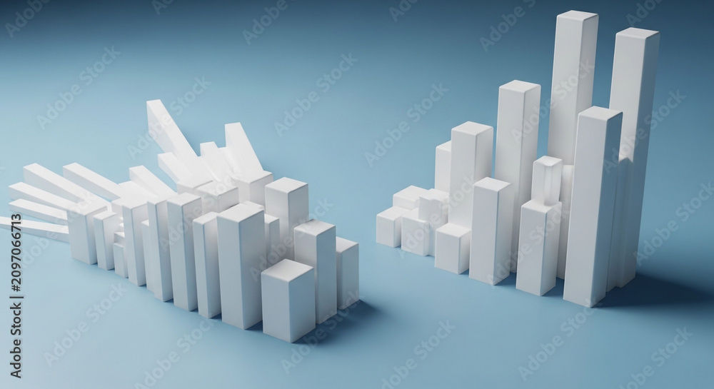 Fototapeta premium White 3D bar chart and graph elements on blue background for data visualization and statistics