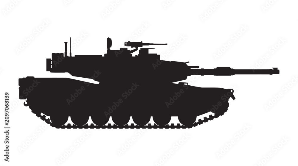 Fototapeta premium Military Tank Silhouette Against A White Background Black Shape