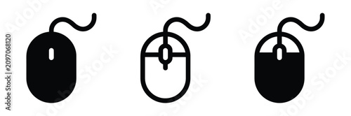 Computer mouse icon set for hardware control click and digital workstation technology symbol. Wired pc mouse pointer, internet desktop navigation scroll device vector illustration.