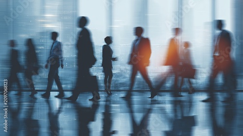 Background image of a diverse group of business professionals meeting in a modern office lobby with a corporate workplace atmosphere