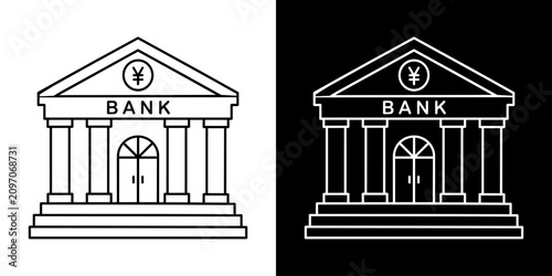 金融機関を表す銀行建物の白黒線画アイコン