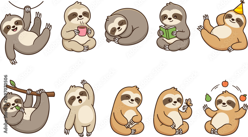 Fototapeta premium Cute cartoon sloth vector character collection featuring a friendly baby animal sleeping hanging reading coffee juggling birthday hat in various happy poses