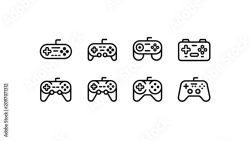 Set of eight black and white video game controllers icon collection Vector