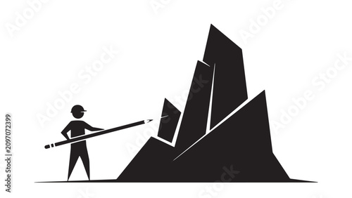 Silhouette of worker using a long pointer beside modern office skyscrapers, corporate urban development concept