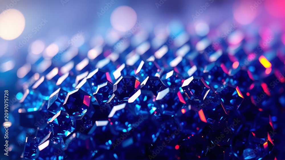 Obraz premium Abstract geometric shapes, vibrant blue hues dominate, creating futuristic texture. Light reflects off facets, depth emphasized.