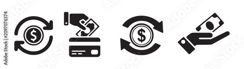 Foto Cashback and payment transaction icons featuring credit cards banknotes and currency exchange cycle