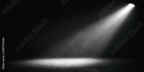 Dramatic theatrical spotlight beam casting a bright circle on the ground with spotlight darkness illumination projection performance background dramatic contrast entertainment radiance