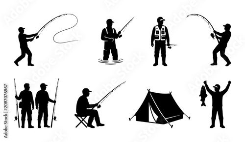 Quadro su tela Fishing Silhouettes: Anglers, Tent, Catch, Vector Icons for Outdoor Recreation &