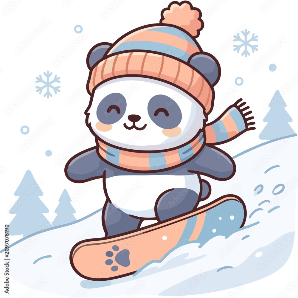 Naklejka premium A cartoon panda snowboarding down a snowy hill wearing a hat and scarf in winter.