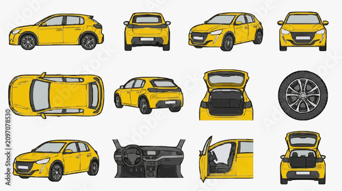 Bild auf Leinwand Industrial of Yellow Compact Car from Multiple Angles and Interior Views with hi
