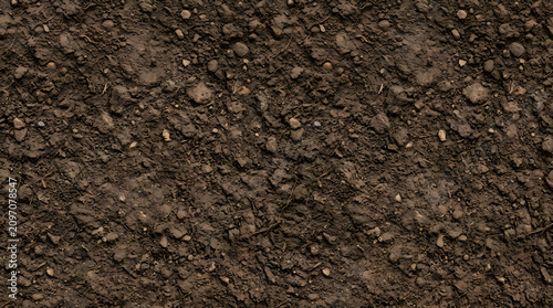 Close up top view of dark brown fertile garden soil texture background for agriculture or gardening concept
