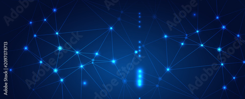 Abstract Digital Network Of Glowing Blue Nodes On Dark Background
