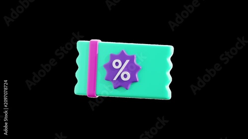 3D coupon animation with transparent alpha channel, featuring a discount voucher for ecommerce videos, retail promotions, online shopping, and digital advertising. 