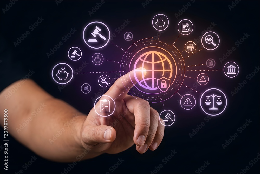 Obraz premium Digital Finger Touching Global Legal and Cybersecurity Network Interface for Regulatory Compliance and Data Protection