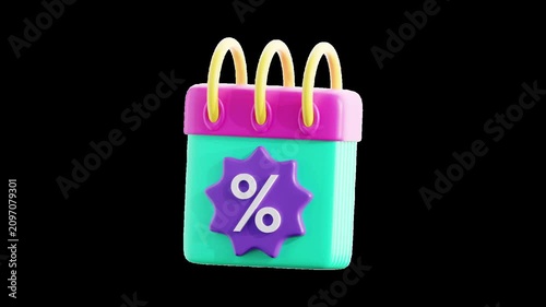 3D discount calendar animation with transparent alpha channel, featuring a promotional schedule icon for ecommerce events, online sales, and retail campaigns. 