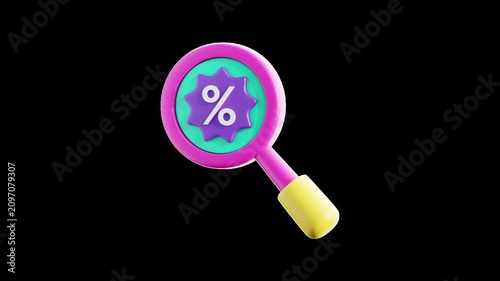3D magnifying glass animation with transparent alpha channel, featuring a discount search icon for ecommerce deals, shopping offers, and retail promotions. 