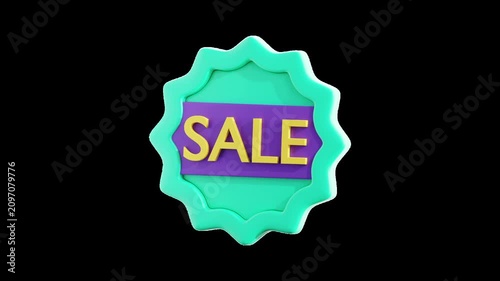 3D sale badge animation with transparent alpha channel, featuring a promotional emblem for ecommerce advertising, online shopping discounts, and retail campaigns. 