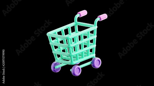 3D shopping cart animation with transparent alpha channel, featuring a modern ecommerce cart icon for online stores, retail websites, and shopping applications. 