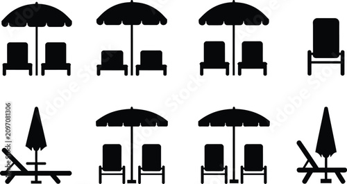 Obraz na płótnie Beach furniture silhouette set chairs loungers and parasols in black