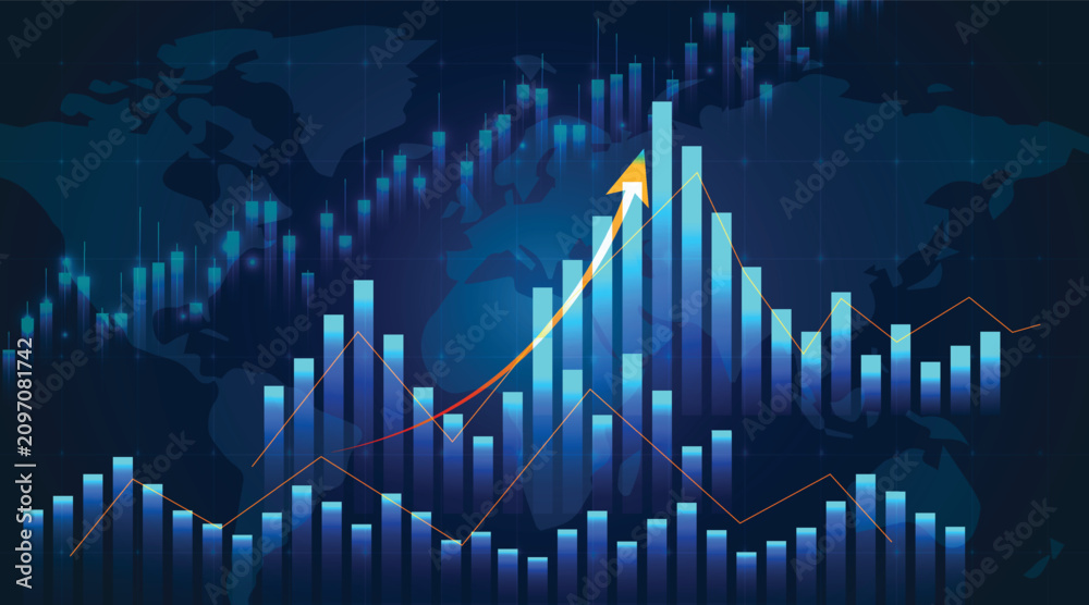 Naklejka premium Global financial stock market chart with glowing blue candlestick graphs, digital world map background for trading and investment data visualization