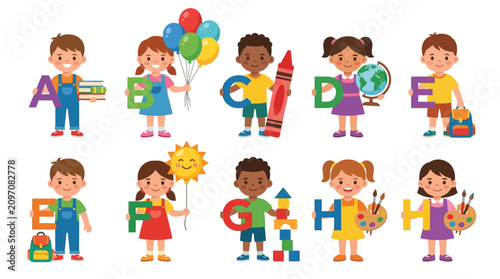 Cartoon school children with alphabet letters, diverse group of happy students holding ABC characters, primary education vector set isolated on White Background Back to School, Editable EPS