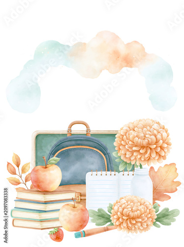School supplies and autumn items arranged on a table with a backpack and flowers