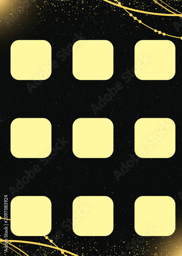 Modern black and gold presentation template with nine rounded square photo frames arranged in a clean grid subtle golden textures and curved decorative lines on a sophisticated dark background