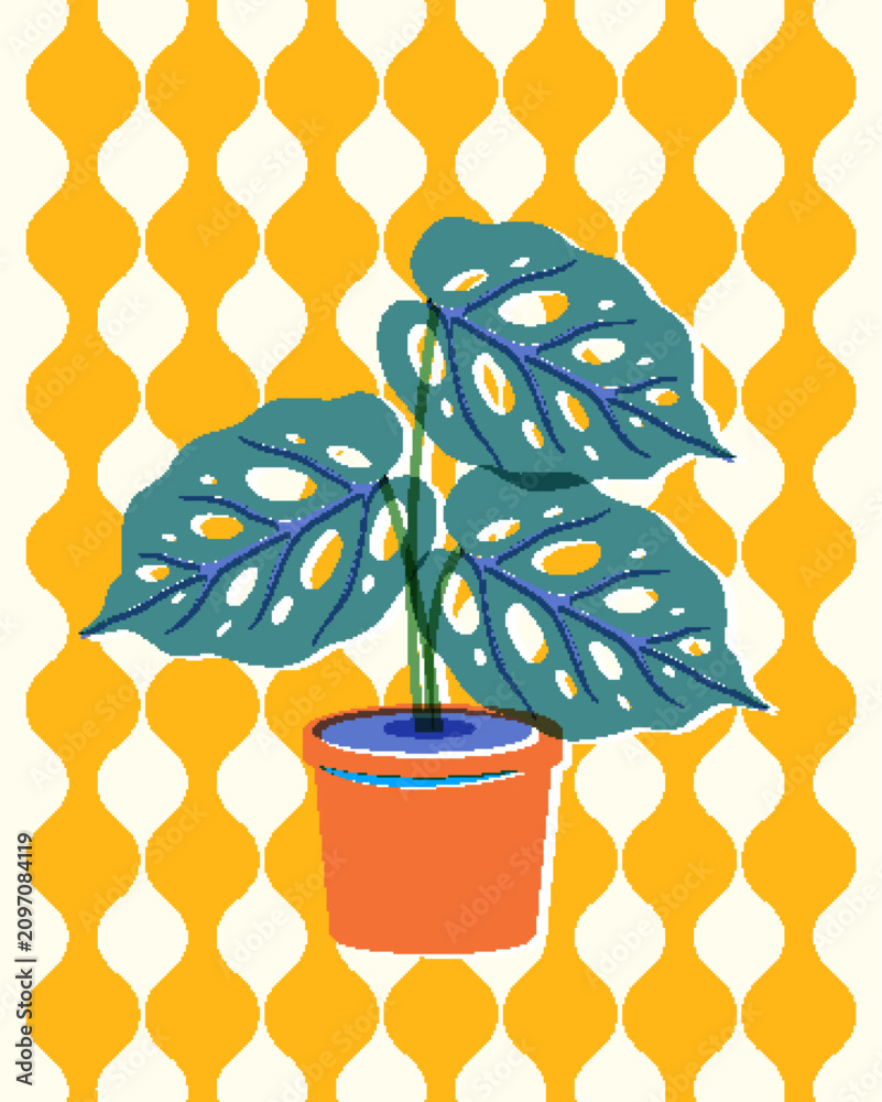 Fototapeta premium Retro Risograph Vector Illustration of Potted Monstera Houseplant