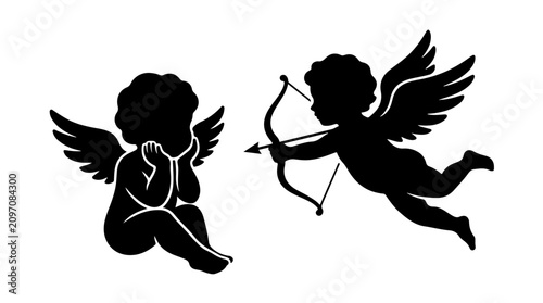 Tableau sur toile Cupid and angel illustration showing one cherub resting on clouds and another fl