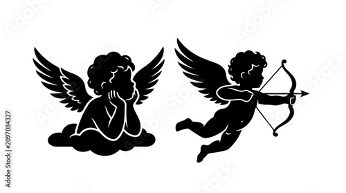 Photos Cupid and angel illustration showing one cherub resting on clouds and another fl