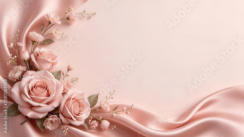 Luxury floral border graphic with graceful soft blush pink artificial rose flowers and blossoms, delicate sage green leaves and stems, elegant flowing silk satin fabric drapery, pale pink background
