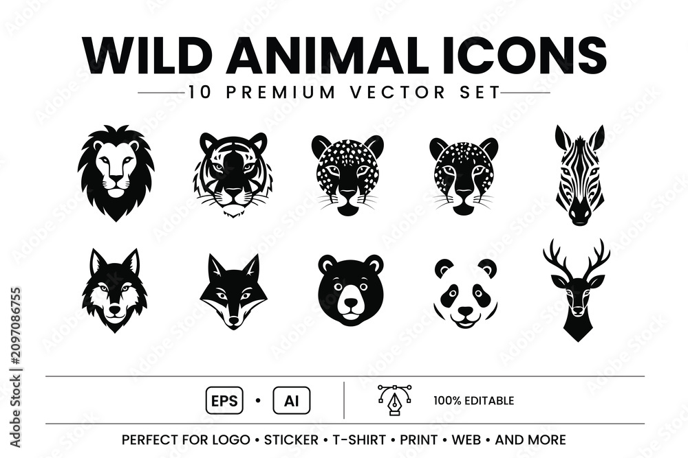 Obraz premium Wild animal faces vector icon set with lion tiger leopard zebra wolf fox bear panda and deer silhouettes