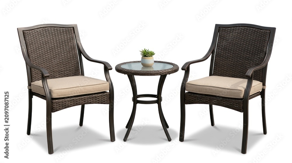 Obraz premium A brown wicker patio set with two armchairs and a glass-top table.