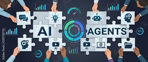 Collaborative teamwork in developing ai agents a diverse group assembles puzzle pieces representing ai technology and data analytics for innovation and growth