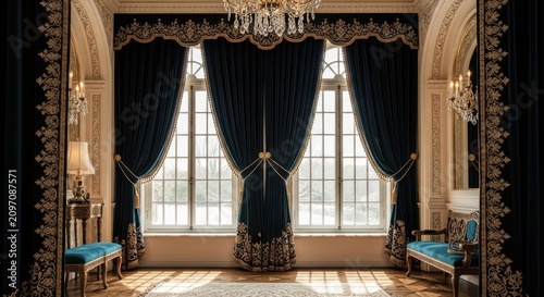 Luxurious Deep Blue Velvet Draperies with Gold Embroidery Adorning Large Windows