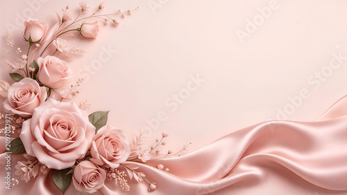 Luxury floral border graphic with graceful soft blush pink artificial rose flowers and blossoms, delicate sage green leaves and stems, elegant flowing silk satin fabric drapery, pale pink background