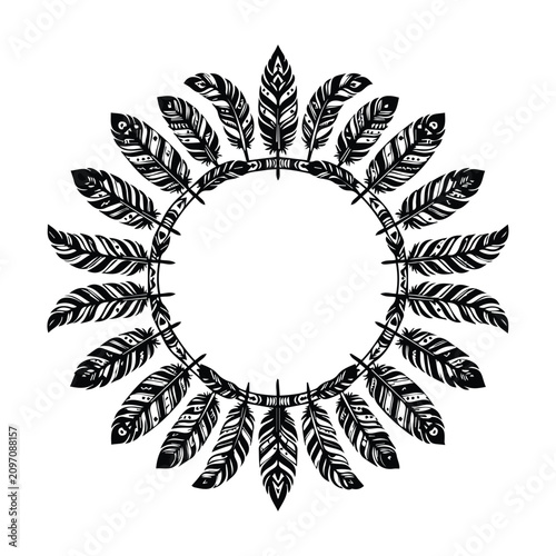 Circular frame made of ornate eagle feathers black and white tribal style border element.