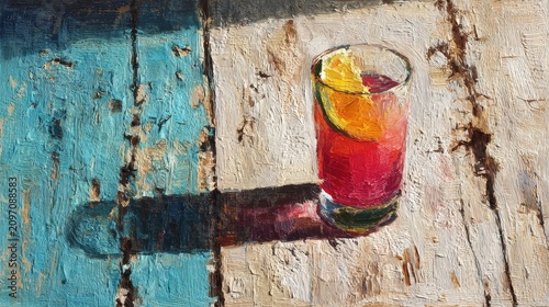 Colorful Cocktail Drink on Bohemian Teal Brick Background, Vibrant Bar Beverage Photography
