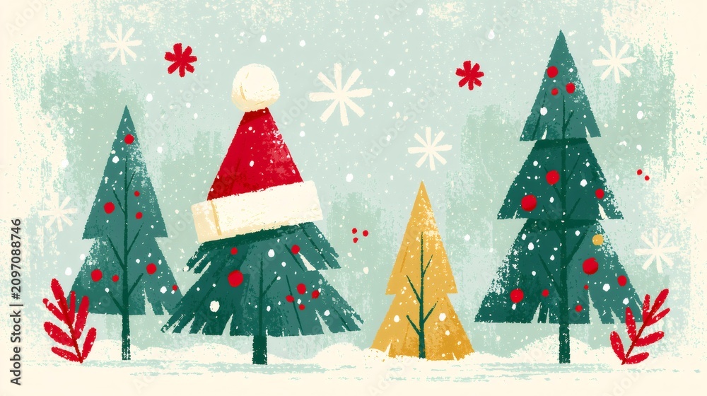 Obraz premium Christmas trees wearing santa hat and falling snow