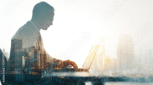 Business finance and investment concept with double exposure of businessman working on laptop computer and modern city office buildings financial technology background